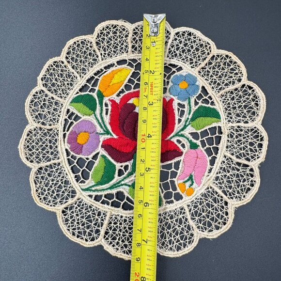 Kalocsa Hungarian Hand Embroidered Doily With Kalocsai Floral Lace Design - Picture 3 of 7